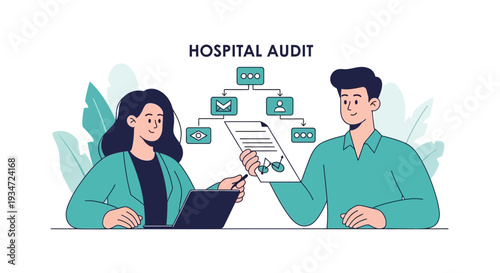 Hospital Audit Illustration Demonstrating Inspection and Review of Medical Practices