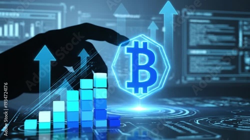 3D bear analyzing bitcoin growth hologram futuristic finance technology 4k motion footage