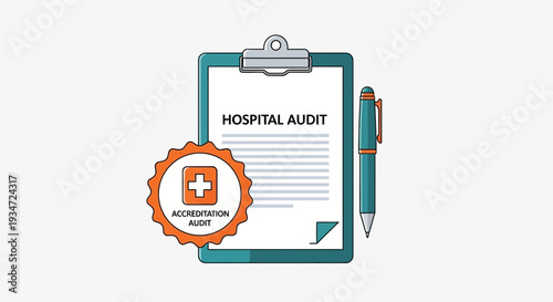 Hospital Audit Document with Accreditation Symbol and Pen on Clipboard Illustration