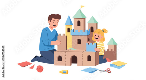 A man and a little girl building a castle with colorful blocks on a white background with a playful mood.