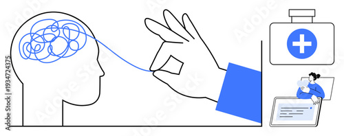 Mental health concept. Mental health with a hand untangling a confused brain, medical symbol, and an online consultation setup. Mental health awareness, therapy, and care. For healthcare