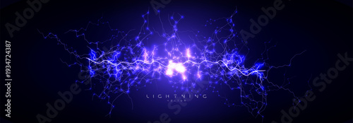 Lightning Electric Energy Plasma Neon Blue Voltage Current Spark Glow Surge Power Charge Arc Cyber Network Digital Circuit Data Pulse. Vector Illustration.