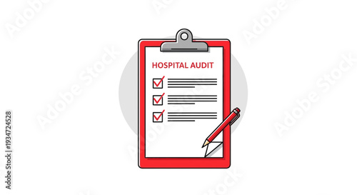 Hospital Audit: Red Clipboard With Checkmarks and Pen for Healthcare Evaluation