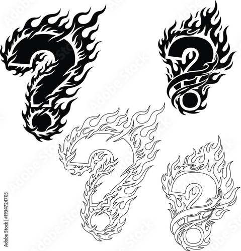 Mysterious and enigmatic dragon question symbols in ethereal flames