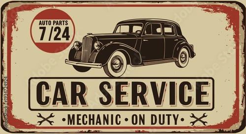 Vintage car service and gas station vector metal sign. Gas station for car, metal grunge banner vector illustration. JPEG version.