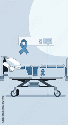 Hospital Bed Depicting Illness Awareness Ribbon And Medical Equipment In A Sterile Environment