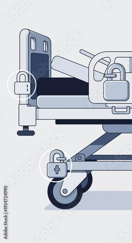 Hospital Bed Depicting Patient Safety and Security Measures With Locked Mechanisms Displayed