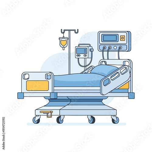 Hospital Bed Depiction: Medical Illustration Of Patient Care With Monitoring Equipment