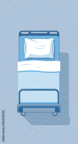 Hospital Bed Illustration: Top View Of Empty Patient Bed with Pillow and Blanket Clean and Sterile