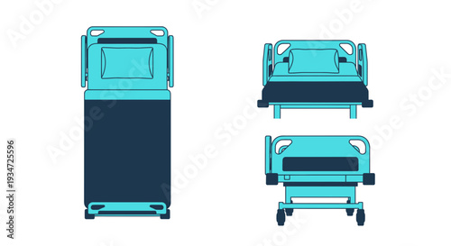 Hospital Bed Illustrations From Multiple Perspectives, Clean Blue And Dark Blue Color Scheme