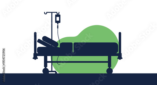 Hospital Bed Silhouette With Intravenous Drip Against Green Shape Minimal Design
