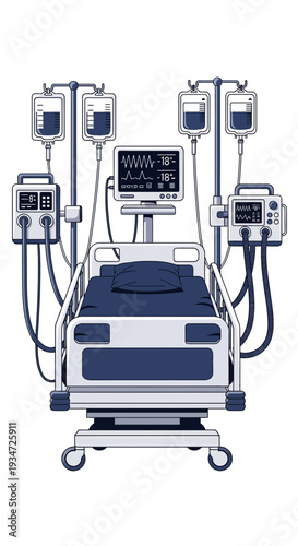 Hospital Bed Surrounded by Medical Devices Illustrates Patient Care and Intensive Monitoring