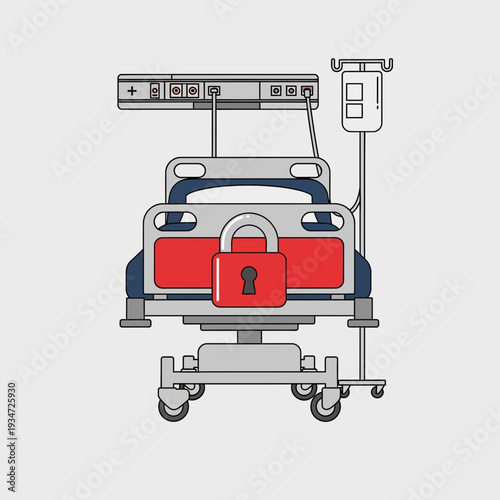 Hospital Bed Symbolizing Restrictions: Medical Facility Illustration with Security Lock Icon