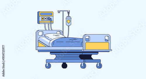 Hospital Bed With Equipment And Medical Supplies In A Clean Blue And Yellow Design