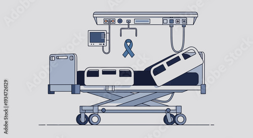 Hospital Bed With Modern Medical Equipment and a Symbol of Awareness in a Flat Design