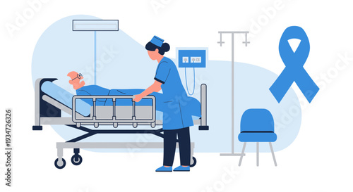 Hospital Care Illustration, Nurse Assisting Patient, Symbolic Ribbon Icon for Support
