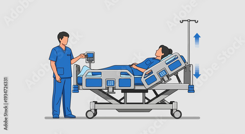 Hospital Care Illustration Featuring a Patient and a Healthcare Professional Providing Assistance
