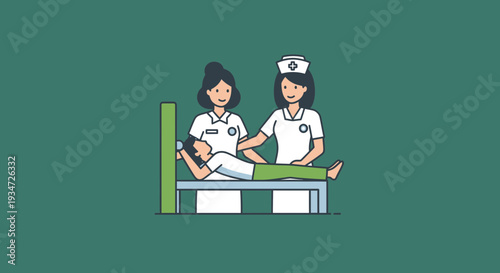 Hospital Care Illustration: Nurses Assisting Patient With Medical Treatment And Support