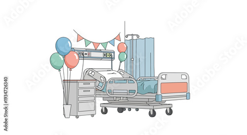 Hospital Celebration: Patient Room Decorated With Balloons and Festive Garland