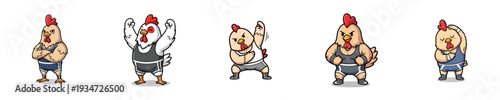 Wrestling Mascot Powerful Rooster Athlete Character Flat Vector Collection