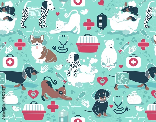 Cute veterinary seamless pattern with baby pets and medical elements for kids healthcare apparel