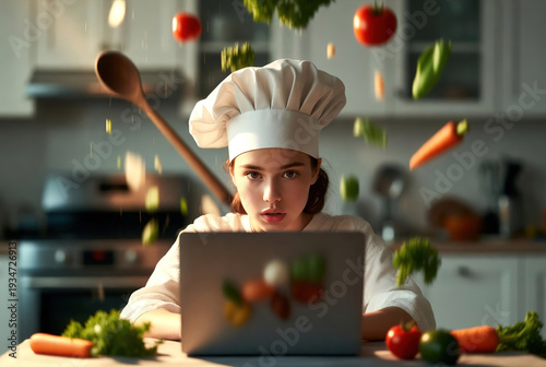 Young female chef looks surprised at laptop as vegetables float in kitchen. Surrealistic culinary photography ideal for online cooking classes and recipe apps.