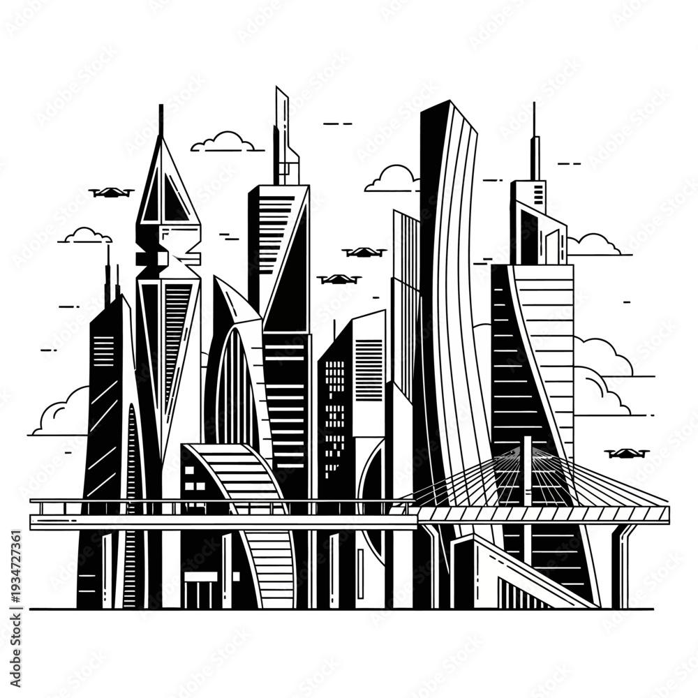 Obraz premium Futuristic cityscape with tall buildings.