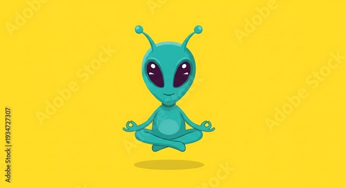 A cute, cartoon-style alien with large black eyes and antennae is meditating in a lotus position against a vibrant yellow background.