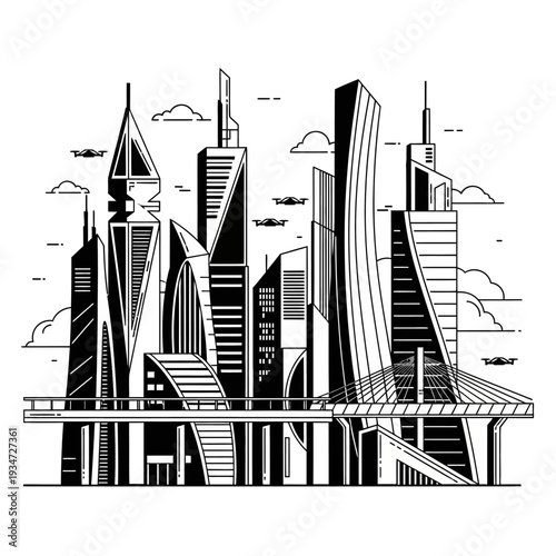 Futuristic cityscape with tall buildings.