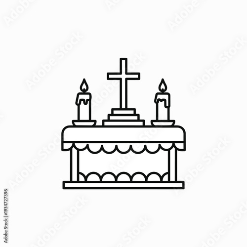 Christian Altar with Cross and Candles Line Icon