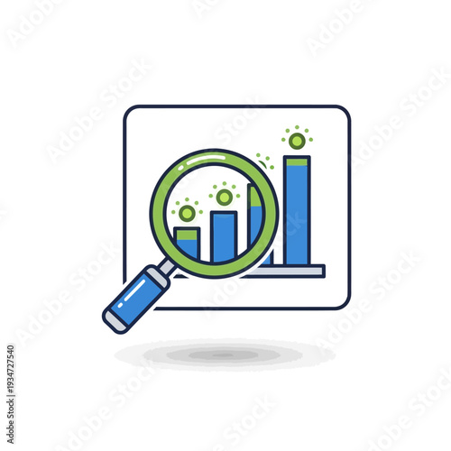 Magnifying glass over bar chart graph.