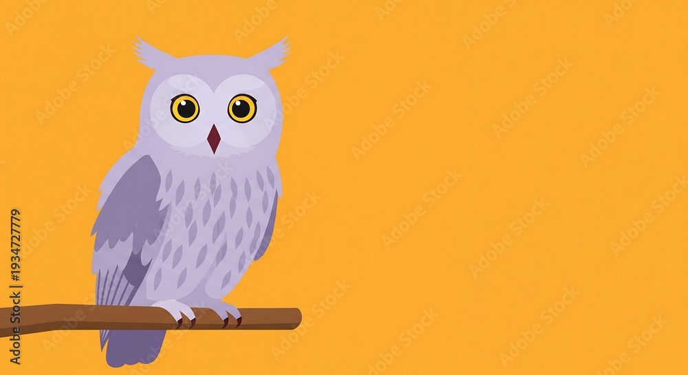 Obraz premium A charming cartoon illustration of a light purple owl with large yellow eyes perched on a brown branch against a vibrant orange background.