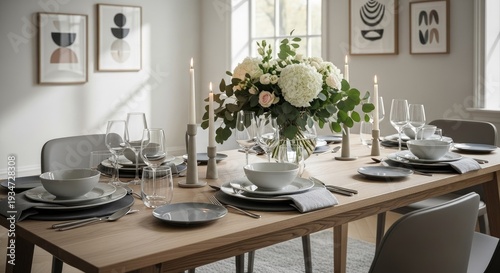 Elegant dining table setting with flowers candles and modern decor