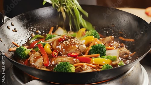 Cooking process of stir fry dish in a wok pan with vegetables