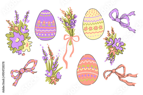 Cute bouquets of flowers, bows, painted Easter eggs isolated. Gentle collection in pastel colors for Easter. Soft hand drawn illustrations suitable for holiday design, greeting cards and seasonal deco