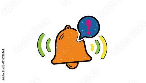 Hand-drawn Bell Icon Social Media Notification Alert with Sound Waves for Digital Marketing and Easter Promotion