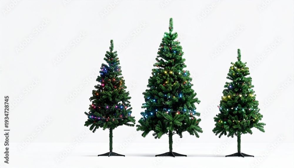Fototapeta premium Three Artificial Christmas Trees Isolated on Transparent Background for PNG
