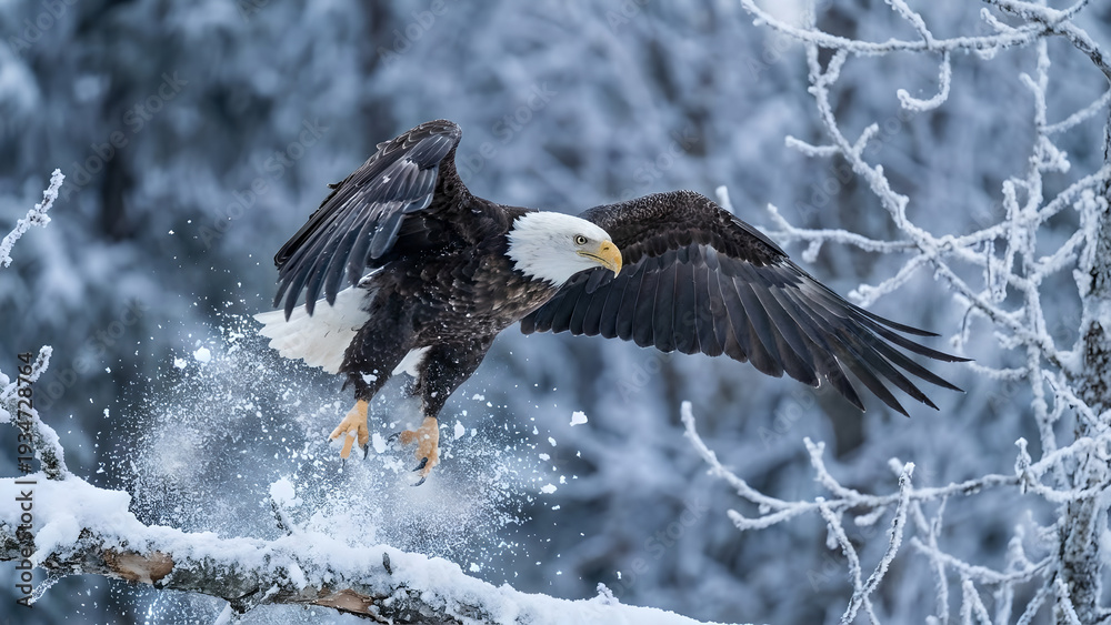 Fototapeta premium Majestic Bald Eagle in Snowy Flight
