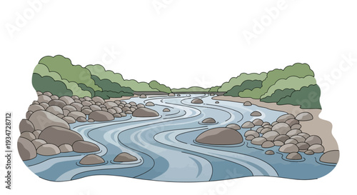 An illustration of a winding river with numerous rocks on its banks and in the water, surrounded by green trees and foliage under a clear sky.
