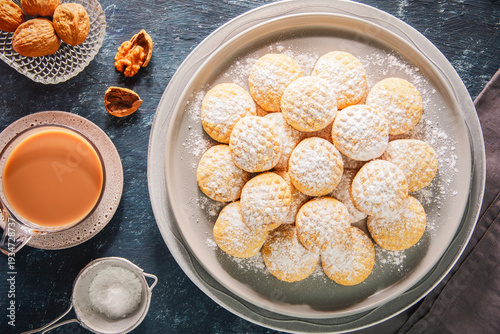 Cookies for celebration of  El- Fitr Islamic Feast (The Feast that comes after Ramadan).Served with cup of tea with milk.