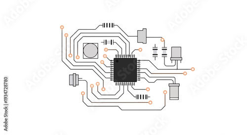 Abstract vector illustration of an electronic circuit board with an integrated circuit chip and various components.