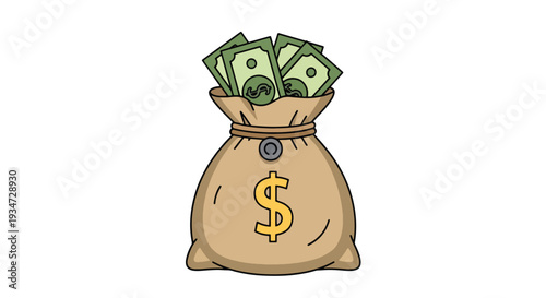 A cartoon illustration of a brown money bag with a gold dollar sign, overflowing with green dollar bills, symbolizing wealth and financial success.