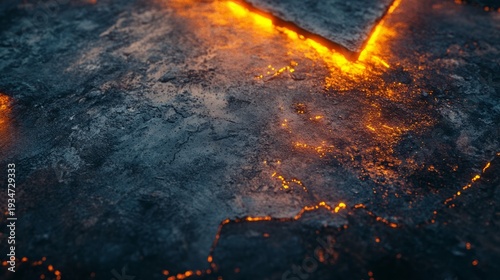 Fiery molten lava cracks on charred earth surface