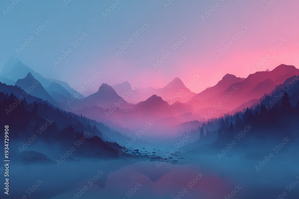 Obraz premium Serene mountain valley at dawn with misty atmosphere