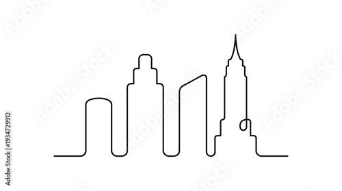 Minimal City Skyline One-Line Icon, Single Continuous Line 5 Buildings Roofline Outline