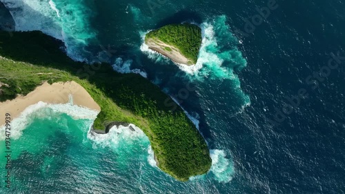 Stunning aerial view of Kelingking Beach on Nusa Penida, Bali, Indonesia