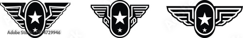 Three black and white winged star emblems in a row on a plain background