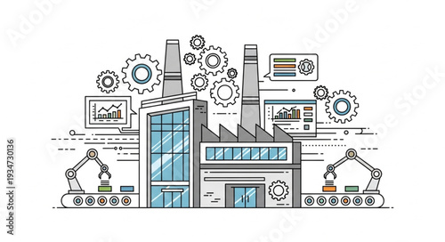 Modern factory illustration showcasing advanced technology and industrial processes for manufacturing.
