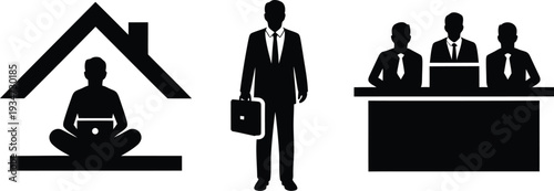 Business and meditation icons with office workers and a house on white background