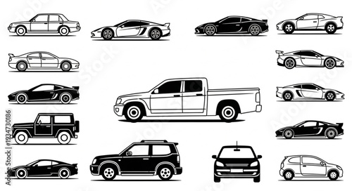 Collection of various car silhouettes in black and white, perfect for design.